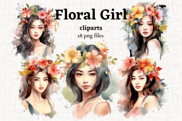 Floral Asian Girls Clipart Set 18 PNGs